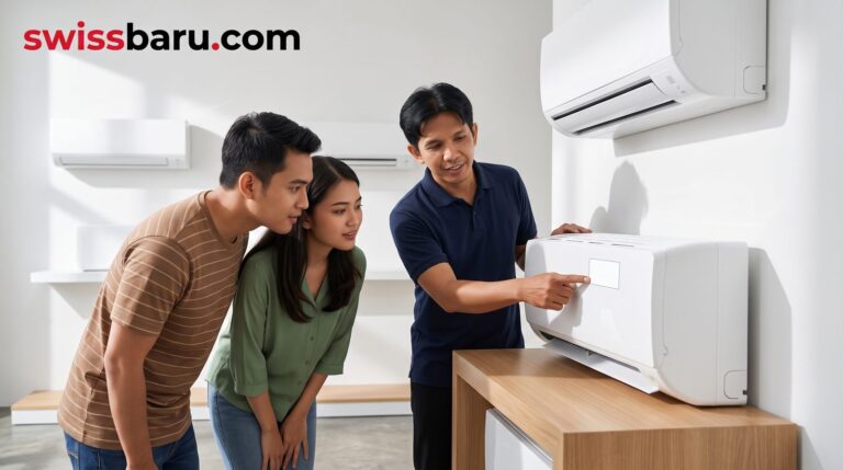 Pasangan dan staf toko melihat stiker label pada unit AC split di showroom