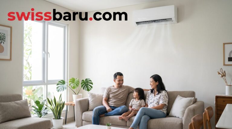 Keluarga bersantai di ruang tamu yang sejuk dengan AC split terpasang di dinding