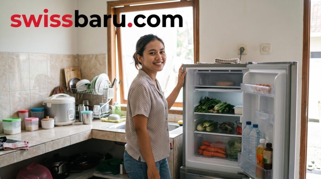 Ibu rumah tangga di dapur dengan kulkas 1 pintu terbuka berisi sayur dan minuman