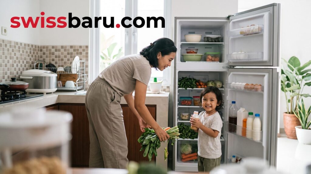 Ibu dan anak mengambil sayur dari kulkas 2 pintu di dapur rumah