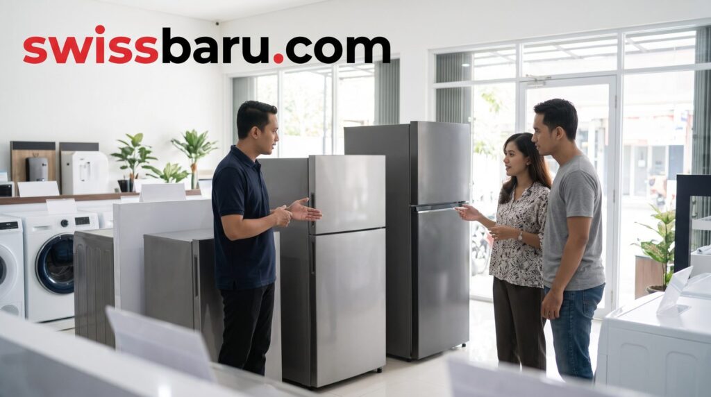 Staf toko dan pasangan melihat deretan kulkas di showroom toko elektronik Manado