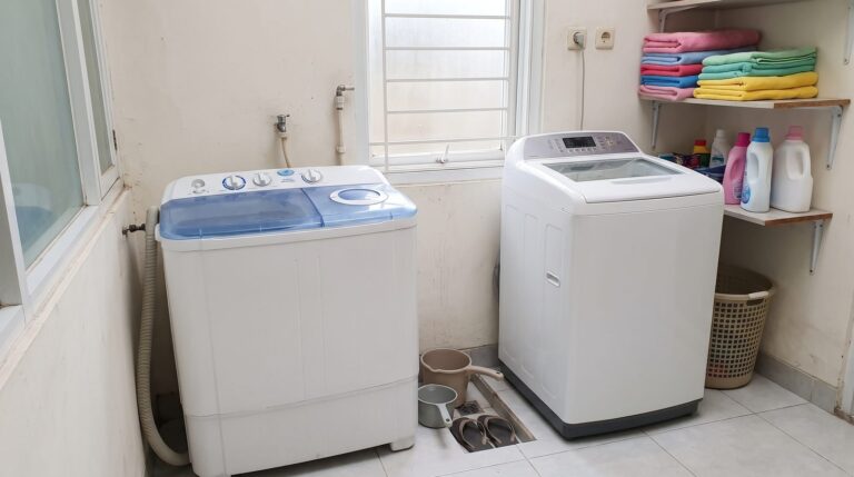 Sudut laundry rumah dengan mesin cuci 2 tabung dan mesin cuci 1 tabung top load berdampingan