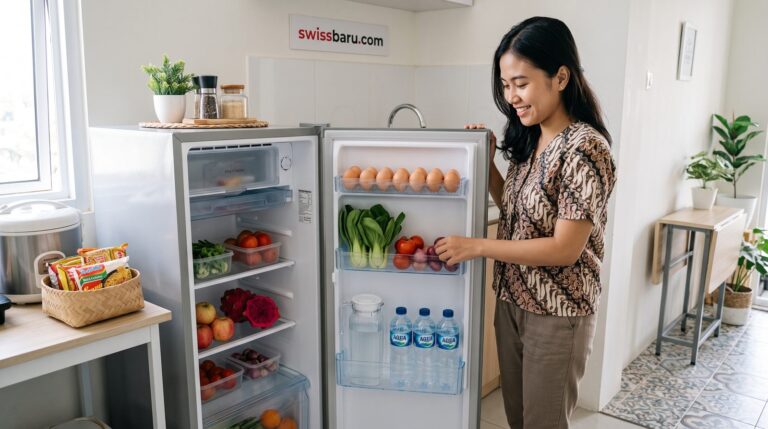 Wanita membuka kulkas 1 pintu yang terisi sayur, buah, telur, dan air minum