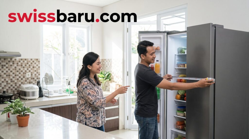 Pasangan mengukur lebar kulkas side by side yang terbuka di dapur rumah