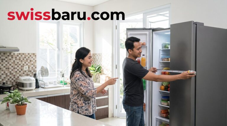 Pasangan mengukur lebar kulkas side by side yang terbuka di dapur rumah