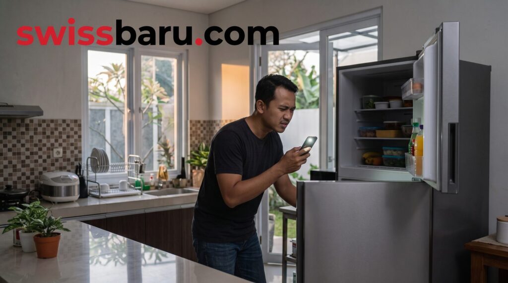 Pria memeriksa bagian dalam kulkas yang lampunya mati memakai senter ponsel di dapur rumah