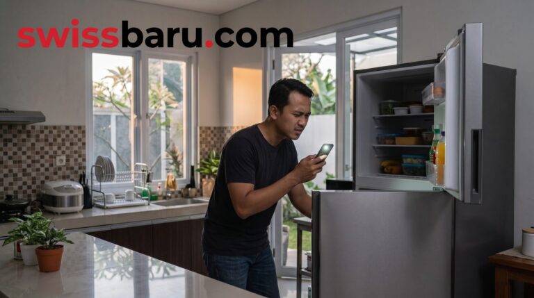 Pria memeriksa bagian dalam kulkas yang lampunya mati memakai senter ponsel di dapur rumah