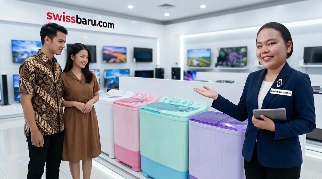 Pasangan membandingkan mesin cuci 2 tabung berbagai warna di toko elektronik