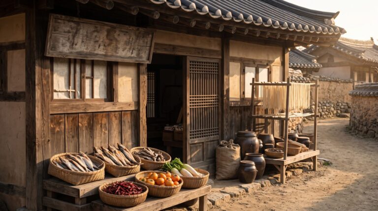 Depan toko kayu tradisional Korea tahun 1930-an dengan ikan kering dan mi dijemur: awal kisah Samsung