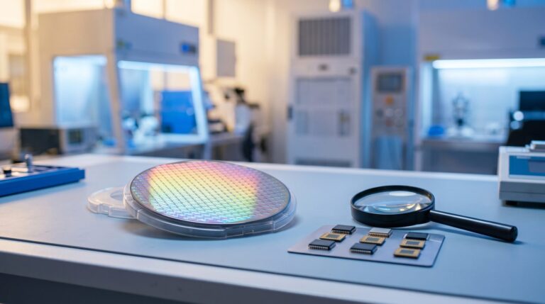 Wafer silikon dan chip memori di meja laboratorium bercahaya biru: kisah Samsung 1988 sampai sekarang