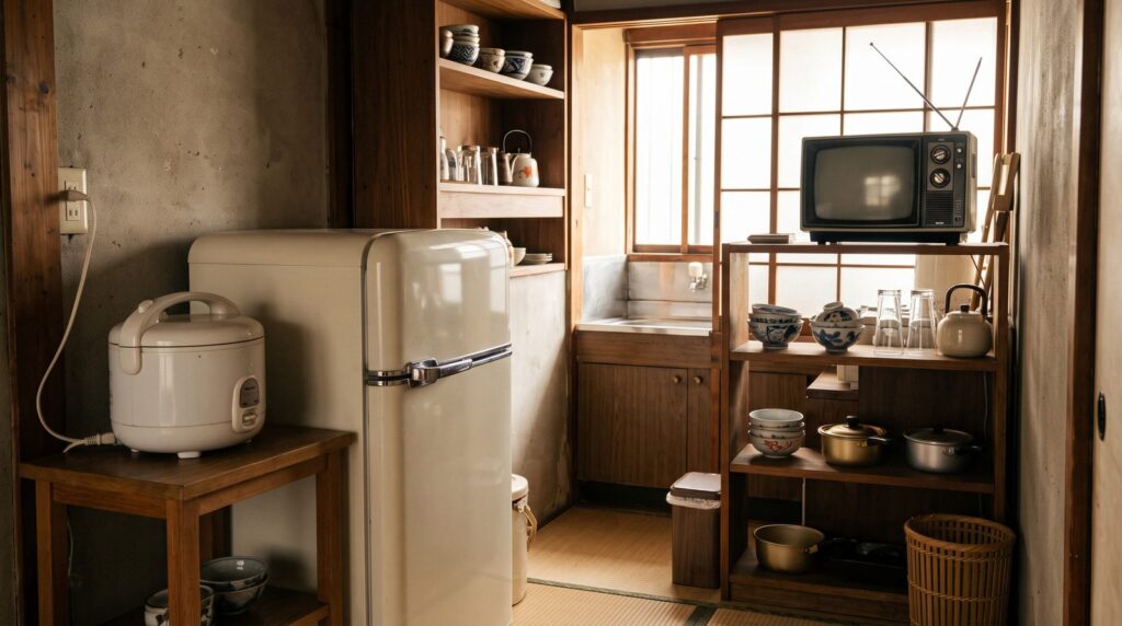Dapur Jepang 1950-an dengan penanak nasi listrik, kulkas kecil, dan TV transistor: kisah Toshiba 1939 sampai sekarang