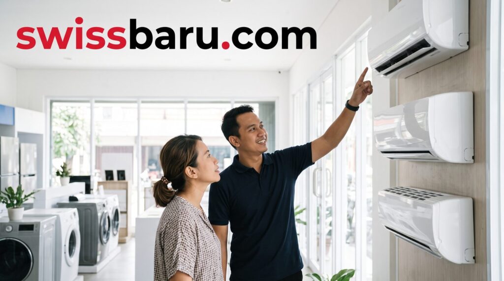 Pelanggan dan staf toko melihat AC split terpasang di showroom toko AC Manado