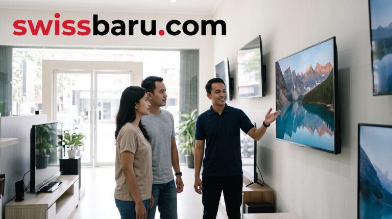Pasangan dan staf toko melihat TV LED layar lebar di showroom toko TV Manado